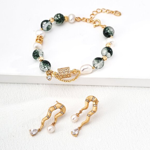Healing Green Phantom Quartz & Pearl Bracelet | S925 Silver Gold-Tone Crystal - Picture 3 of 4